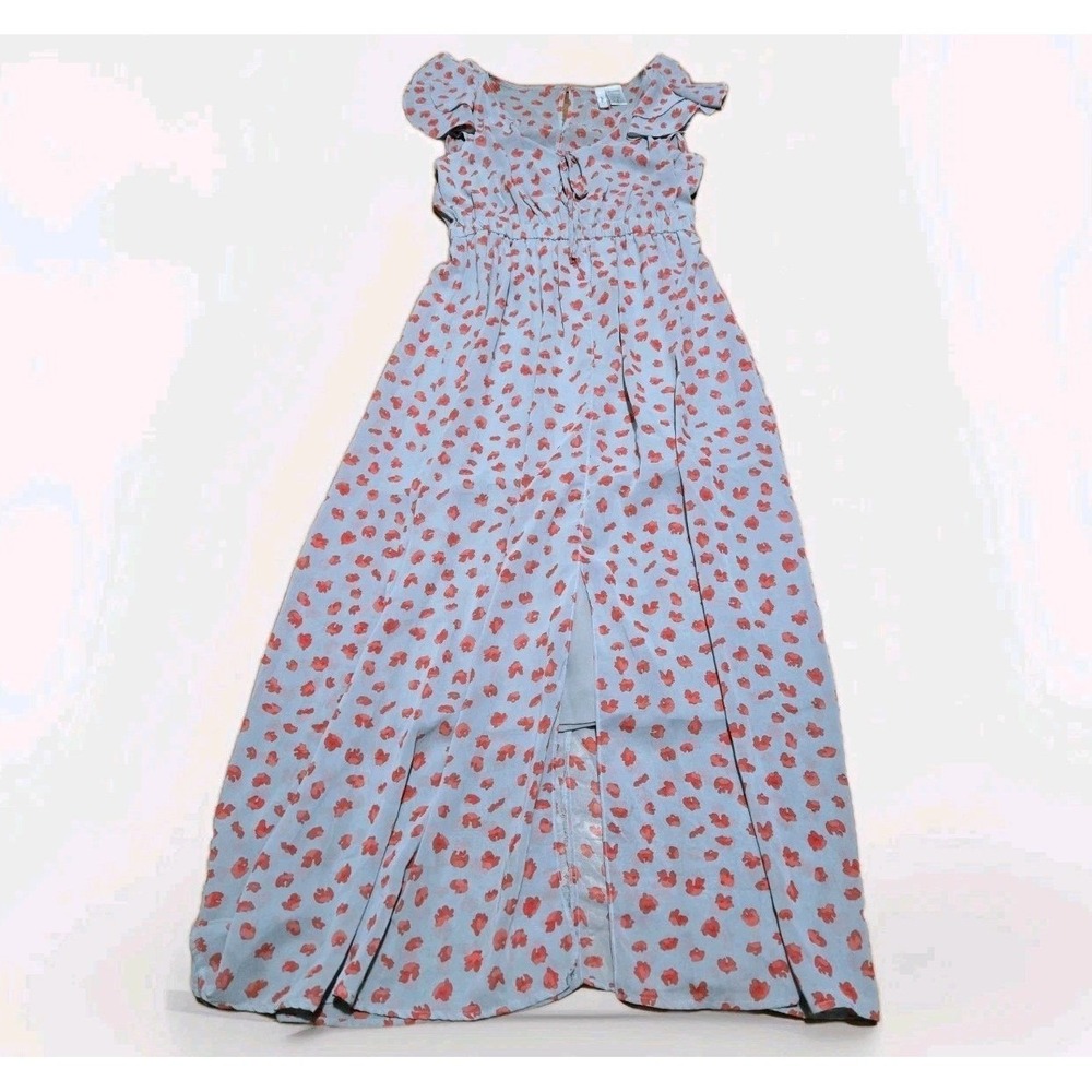 Aggie Floral Flowy Maxi Dress Sz M Gray Red Ruffle Cap Sleeve Peasant V-Neck - Picture 7 of 14